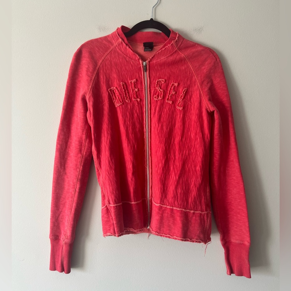 Diesel Zip Up Sweatshirt L Coral Pink Distressed Raw Hem Y2K Fitted Jacket